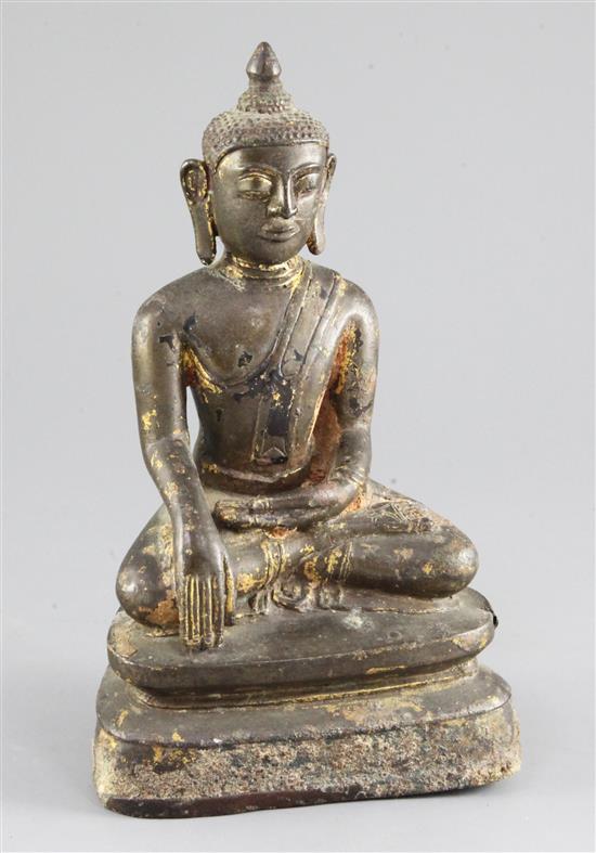 A Burmese gilt lacquered bronze seated figure of Buddha, Shan period, 18th century, 23cm